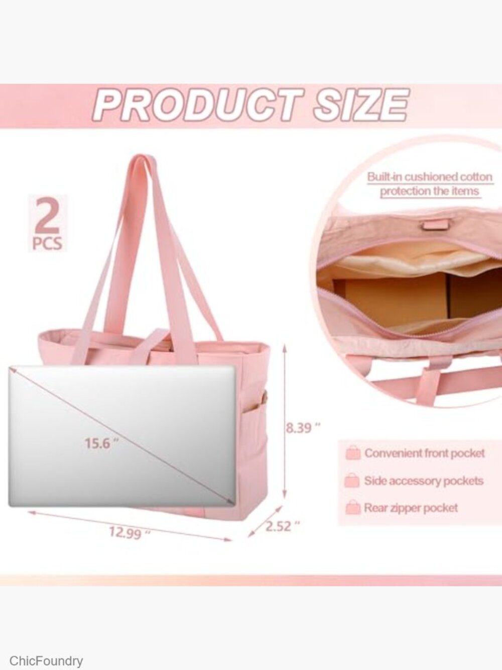 2 Pack 24L Lightweight Tote Bag with Zipper, Multi-pocket Travel Handbag - Picture 5 of 7